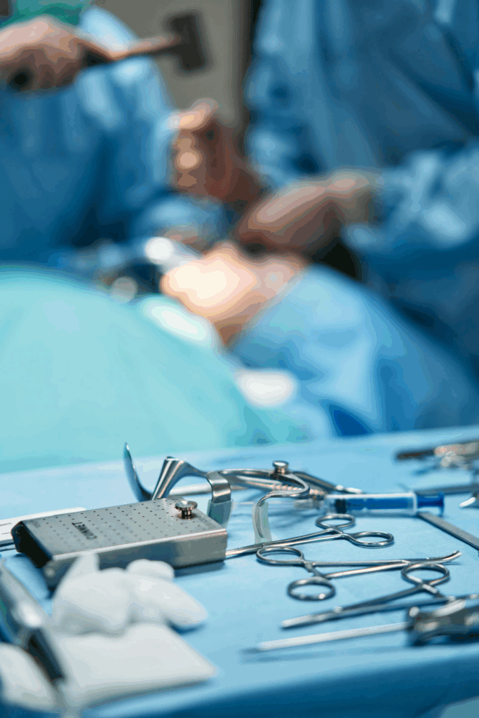 Matériel chirurgical sur table – Ambiance bleue professionnelle