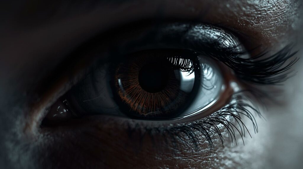 Iris d’œil noir et marron sombre en gros plan