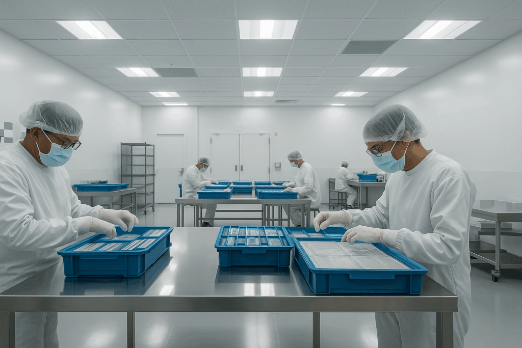 Laboratoire de fabrication avec personnel en équipement de protection